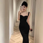 Vintage Mermaid Straps Black Satin Long Birthday Dress Prom Dresses C3642