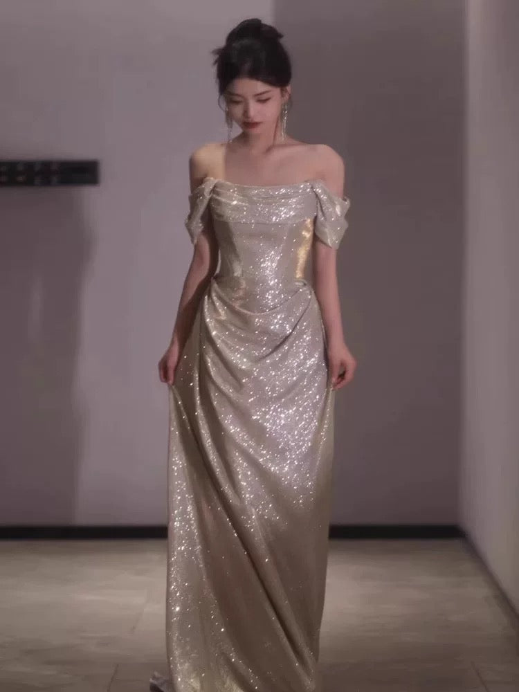 Robe de soirée longue sexy à épaules dénudées et paillettes, tenue de bal, tenue d'anniversaire, C3644