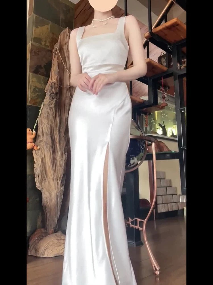 Sexy Mermaid Square Neckline White Slit Long Evening Dress Prom Dresses Birthday Outfits C3647