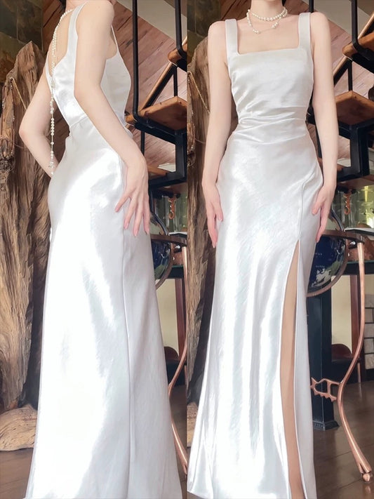 Sexy Mermaid Square Neckline White Slit Long Evening Dress Prom Dresses Birthday Outfits C3647