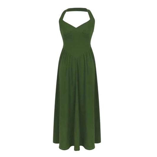 Robe de soirée élégante en satin vert sans manches avec licou et ligne A, robe de soirée d'anniversaire C3648