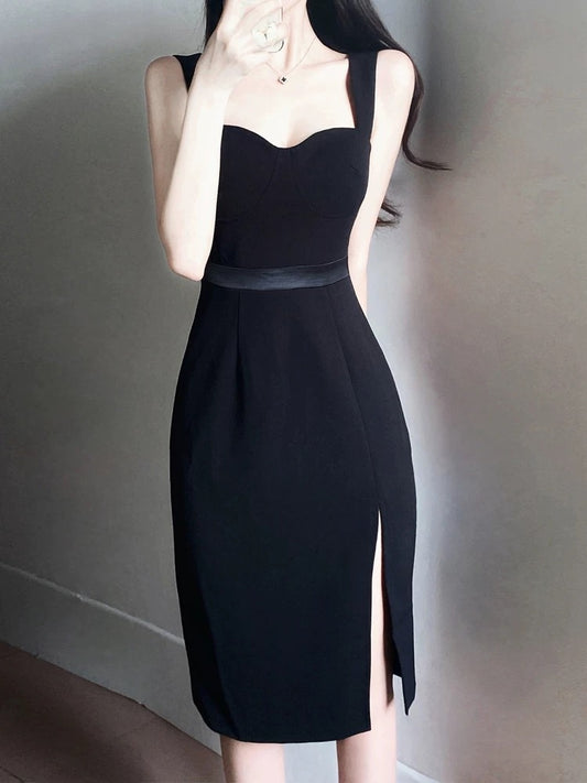 Elegant Sheath Straps Black Split Satin Prom Dress Birthday Outfits C3652