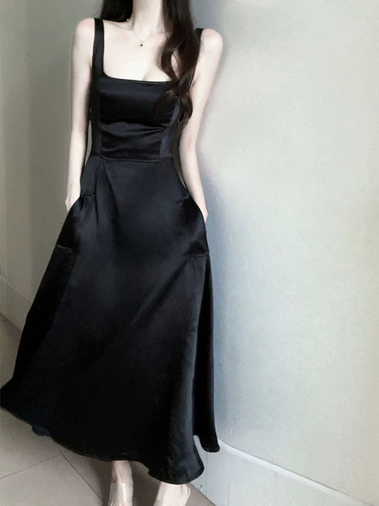 Elegant A Line Square Neckline Black Satin Prom Dress Birthday Outfits With Pockets C3658