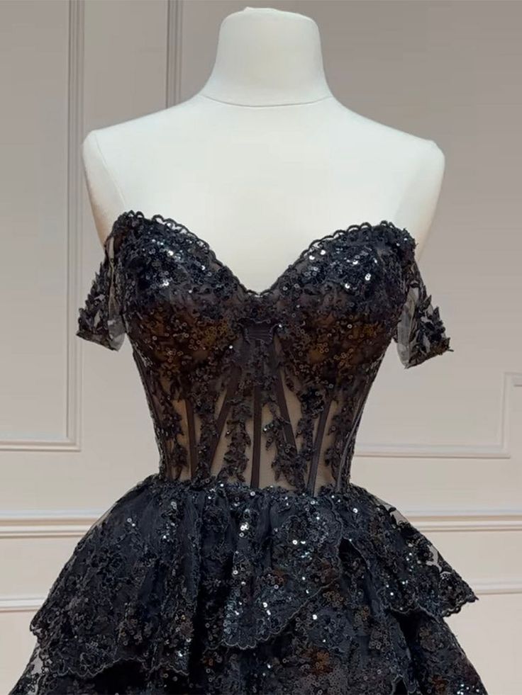 Robe de bal courte en tulle à sequins trapèze robe de soirée noire C366