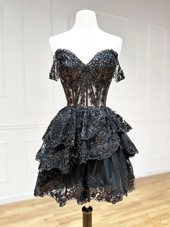 Robe de bal courte en tulle à sequins trapèze robe de soirée noire C366