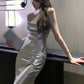 Pretty Sheath Spaghetti Straps Satin Evening Dress Prom Dresses With Ruffles C3666