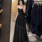 Vintage A Line Spaghetti Straps Black Chiffon Long Evening Dress Prom Dresses C3669