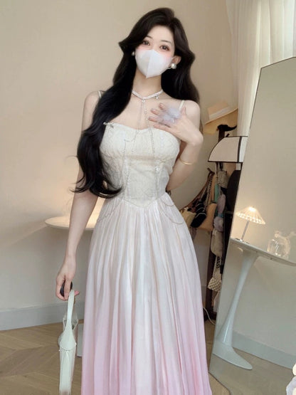 Robe de soirée longue vintage à bretelles spaghetti rose ombré C3672