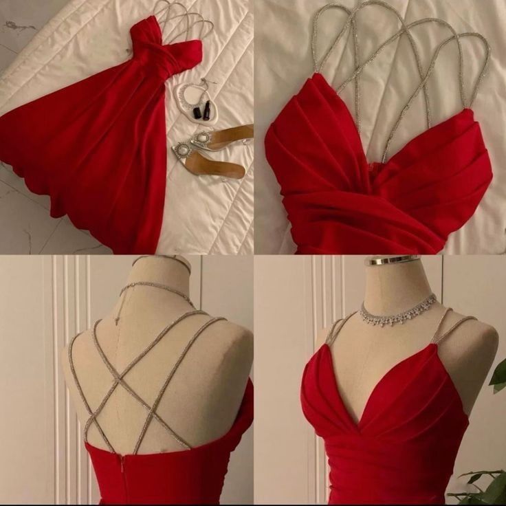 Robe de soirée vintage en satin rouge à bretelles trapèze et perles C3678