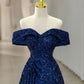 Robe de soirée longue à paillettes bleu royal à épaules dénudées vintage A Line C3681