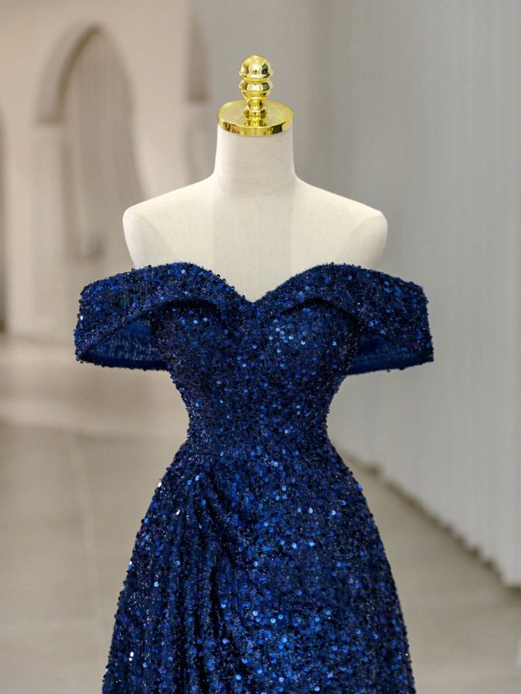 Robe de soirée longue à paillettes bleu royal à épaules dénudées vintage A Line C3681