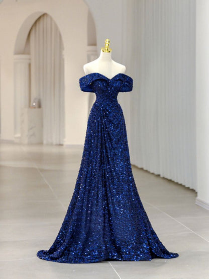 Robe de soirée longue à paillettes bleu royal à épaules dénudées vintage A Line C3681