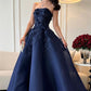 Vintage Ball Gown Strapless Navy Blue Satin Lace Long Evening Dress Prom Dresses C3682