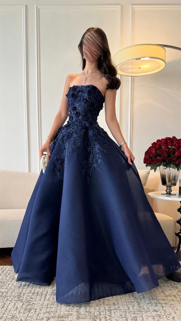 Vintage Ball Gown Strapless Navy Blue Satin Lace Long Evening Dress Prom Dresses C3682