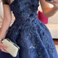 Vintage Ball Gown Strapless Navy Blue Satin Lace Long Evening Dress Prom Dresses C3682