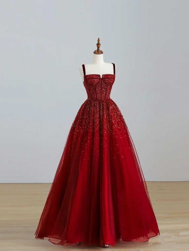 Robe de bal vintage à bretelles en tulle rouge et perles, longue robe de soirée, robes de bal C3684