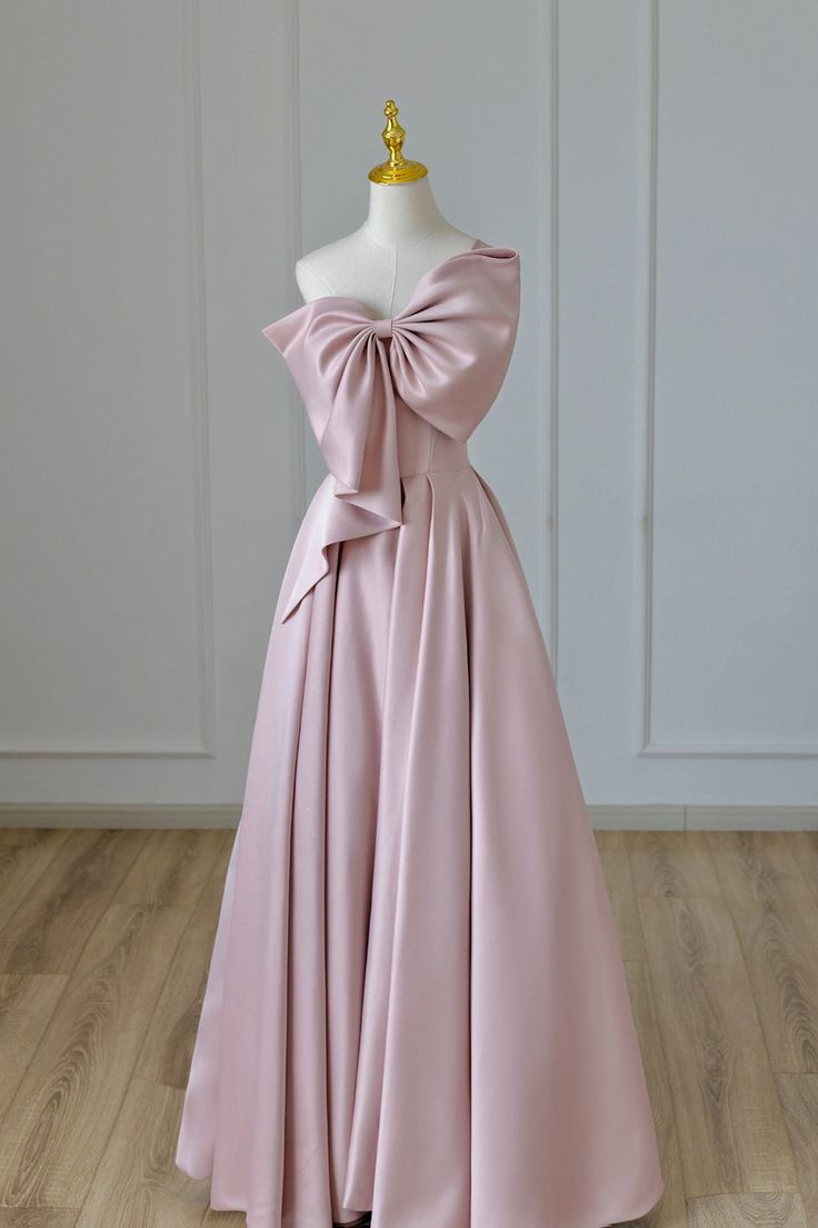 Jolie robe de soirée en satin rose à une épaule et ligne A avec nœud C3690