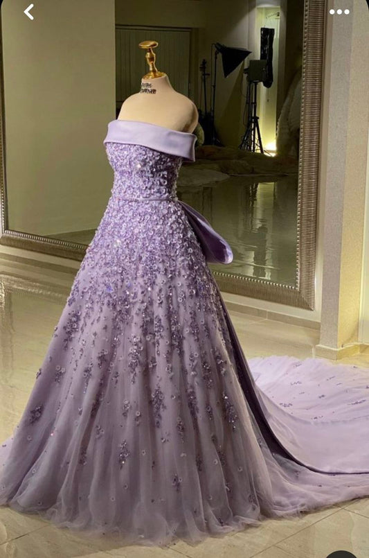 Jolie robe de bal bustier en tulle lilas longue robe de soirée robes de bal avec fleurs C3692