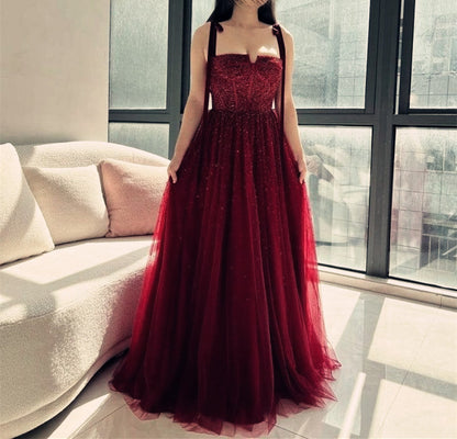 Robe de bal vintage à bretelles en tulle rouge et perles, longue robe de soirée, robes de bal C3693