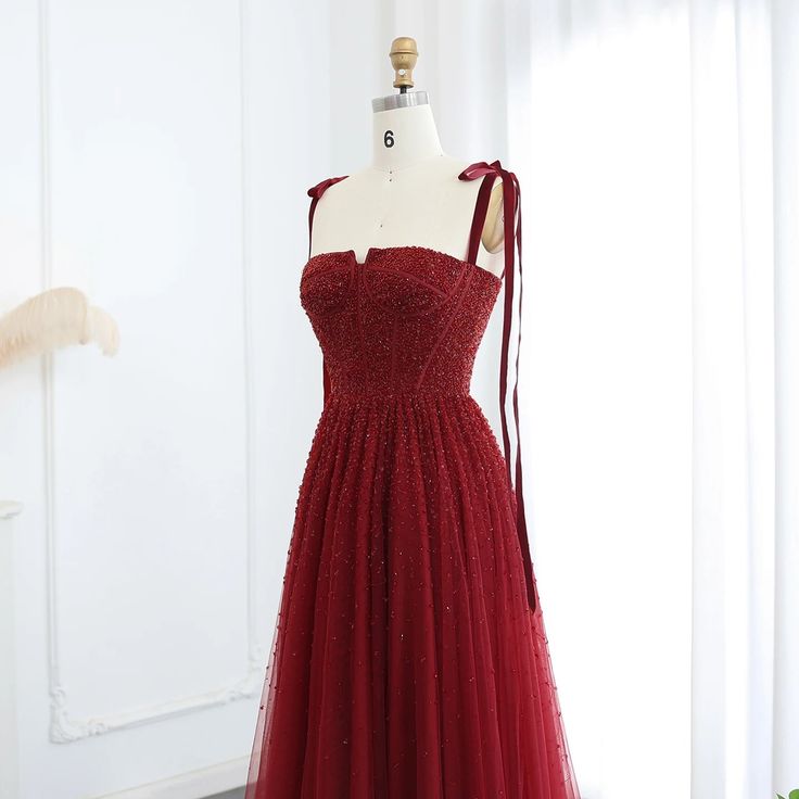 Robe de bal vintage à bretelles en tulle rouge et perles, longue robe de soirée, robes de bal C3693