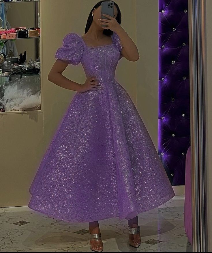 Robe de soirée à paillettes lilas à encolure carrée et à col carré vintage Robe de bal C3696