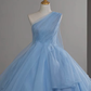 Jolie robe de bal asymétrique en tulle bleu longue robe de bal, robe de soirée longue bleue C3697