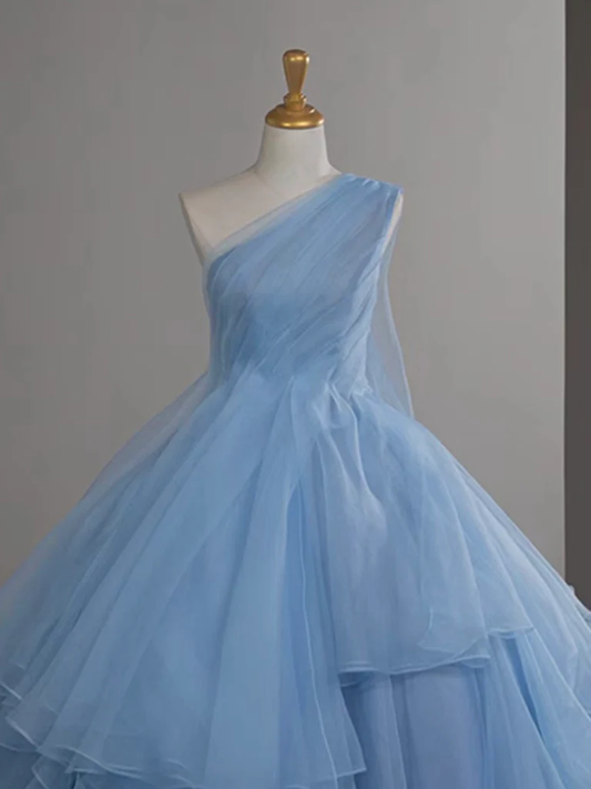 Jolie robe de bal asymétrique en tulle bleu longue robe de bal, robe de soirée longue bleue C3697