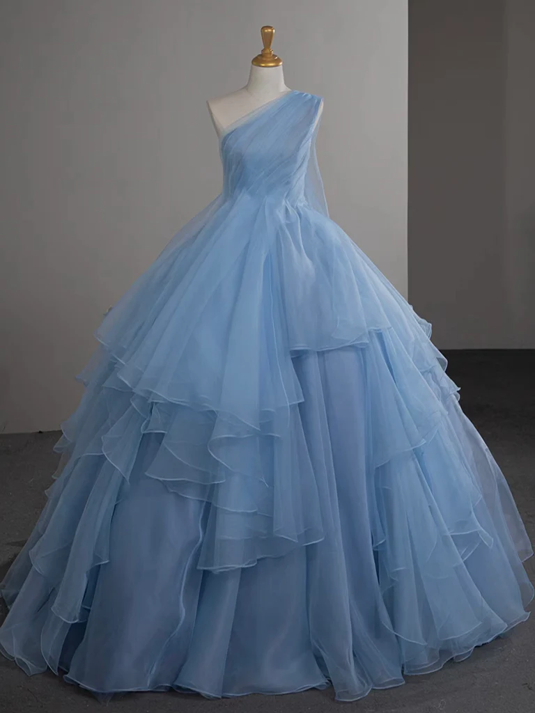 Jolie robe de bal asymétrique en tulle bleu longue robe de bal, robe de soirée longue bleue C3697