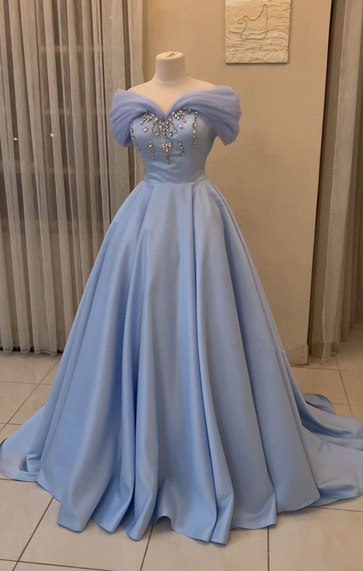 Pretty Ball Gown Off The Shoulder Blue Long Prom Dress Evening Dress With Beads C3698