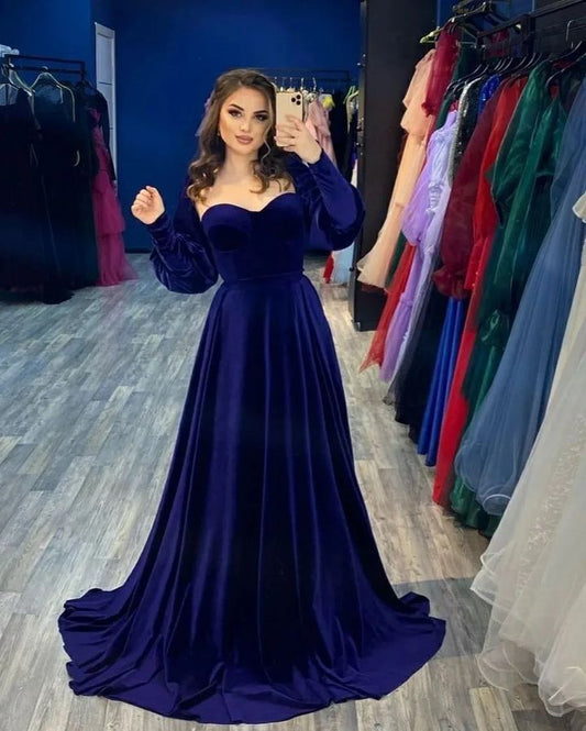 Robe de soirée longue en velours bleu royal à manches longues et simple en ligne A C3703