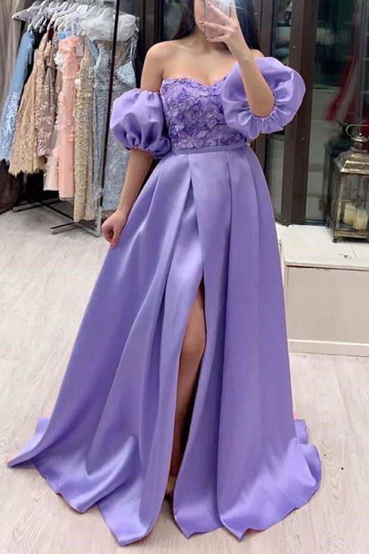 Robe de soirée longue sexy en dentelle lilas à encolure carrée et manches courtes C3707