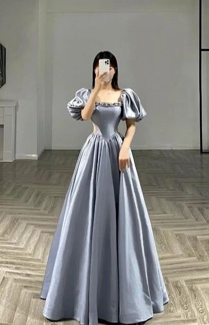 Sexy A line Square Neckline Short Sleeves Silver Satin Prom Dresses Party Evening Dress C3712