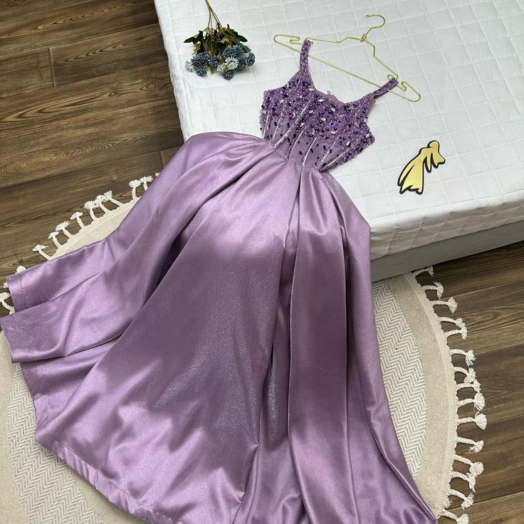 Pretty A Line Spaghetti Straps Lilac Satin Long Prom Dress Evening Dresses C3714