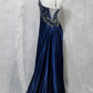 Pretty A Line Halter Sleeveless Navy Blue Slit Beads Long Prom Dress Evening Dresses C3729