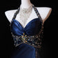 Pretty A Line Halter Sleeveless Navy Blue Slit Beads Long Prom Dress Evening Dresses C3729