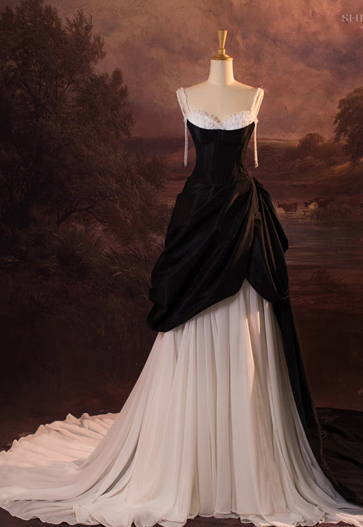 Vintage Ball Gown Spaghetti Straps Black Long Prom Dresses 1950s Retro Evening Dress C3735