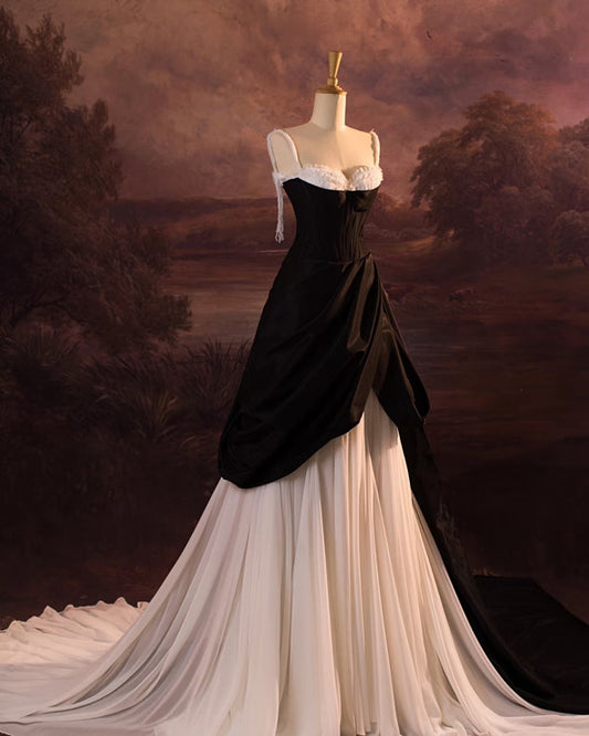 Vintage Ball Gown Spaghetti Straps Black Long Prom Dresses 1950s Retro Evening Dress C3735