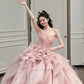 Vintage Ball Gown Strapless Pink Long Prom Dresses Tulle Layers Evening Dress C3738