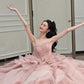 Vintage Ball Gown Strapless Pink Long Prom Dresses Tulle Layers Evening Dress C3738