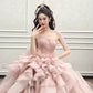 Vintage Ball Gown Strapless Pink Long Prom Dresses Tulle Layers Evening Dress C3738