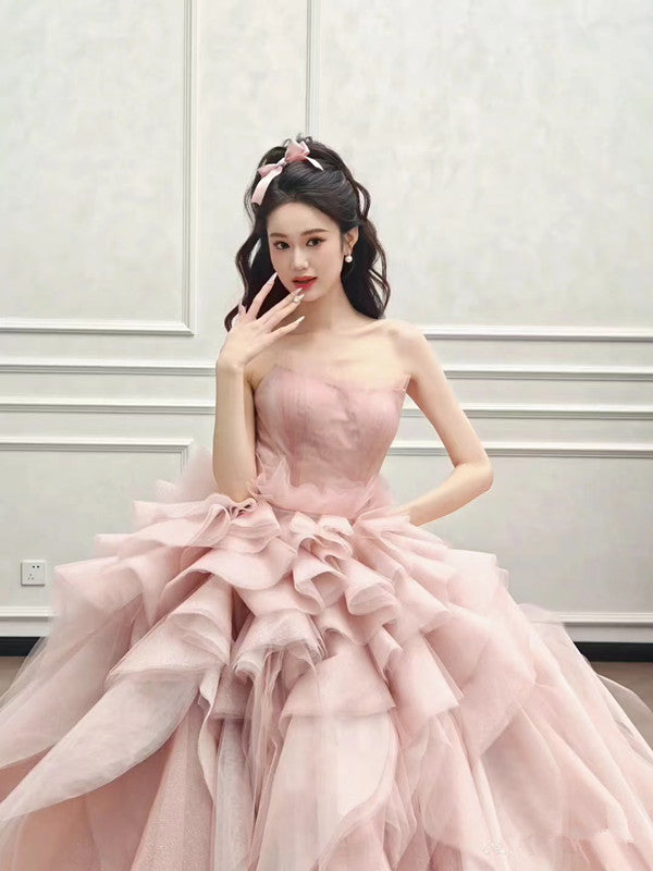 Vintage Ball Gown Strapless Pink Long Prom Dresses Tulle Layers Evening Dress C3738