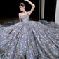 Vintage Ball Gown Strapless Sequin Silver Long Prom Dresses Layers Evening Dress C3739