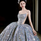 Vintage Ball Gown Strapless Sequin Silver Long Prom Dresses Layers Evening Dress C3739