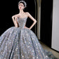 Vintage Ball Gown Strapless Sequin Silver Long Prom Dresses Layers Evening Dress C3739