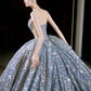 Vintage Ball Gown Strapless Sequin Silver Long Prom Dresses Layers Evening Dress C3739