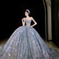 Vintage Ball Gown Strapless Sequin Silver Long Prom Dresses Layers Evening Dress C3739