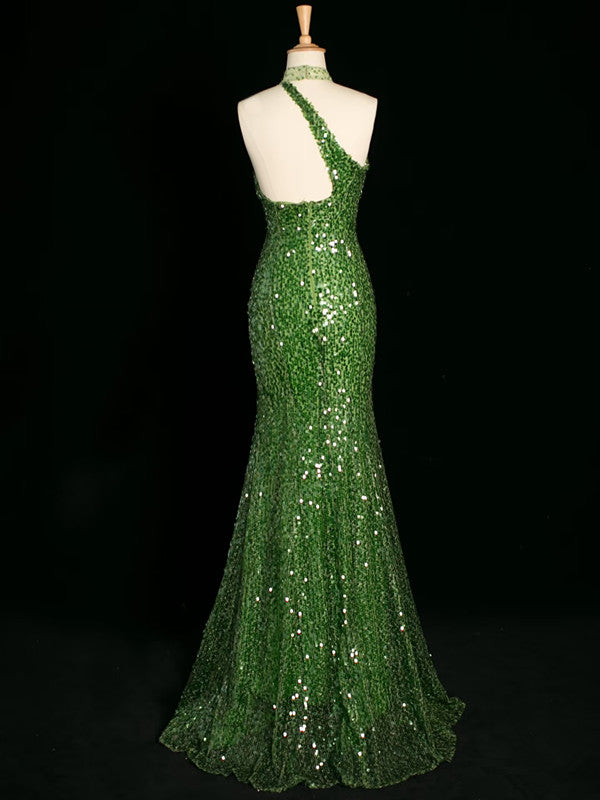 Sexy Sheath One Shoulder Green Sequin Prom Dresses Party Evening Dress With Beads C3745