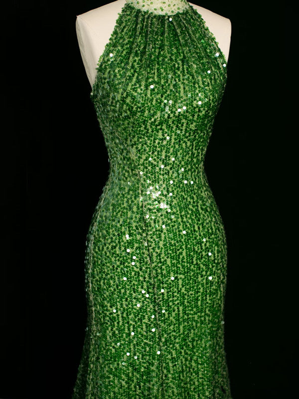 Robe de soirée sexy fourreau à une épaule en paillettes vertes avec perles C3745