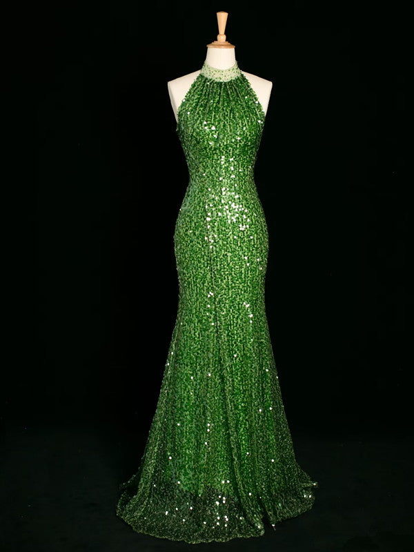 Robe de soirée sexy fourreau à une épaule en paillettes vertes avec perles C3745