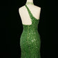 Sexy Sheath One Shoulder Green Sequin Prom Dresses Party Evening Dress With Beads C3745